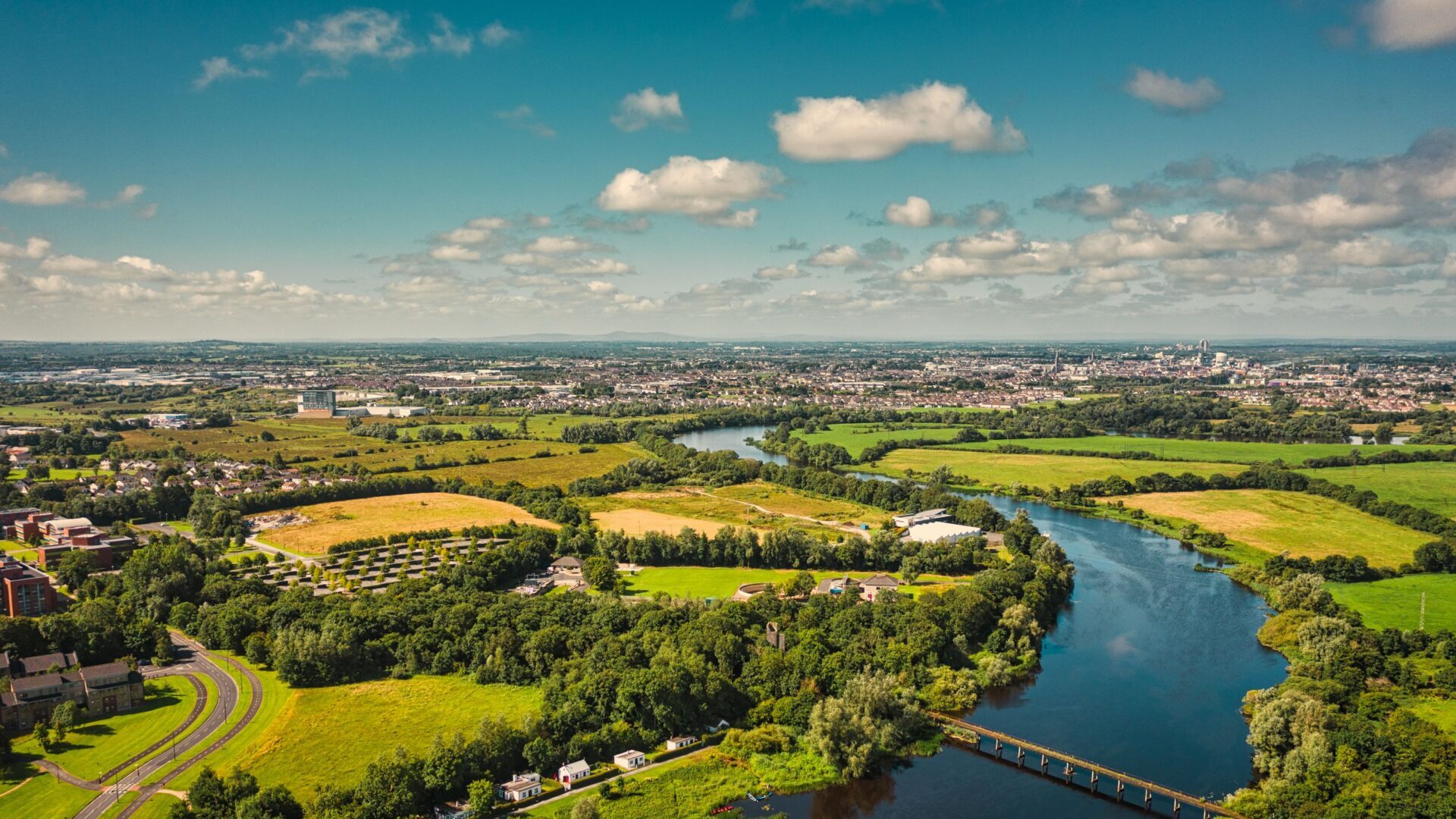 A beautiful aerial view of the River Shannon and surrounding landscapes in Limerick, Ireland.