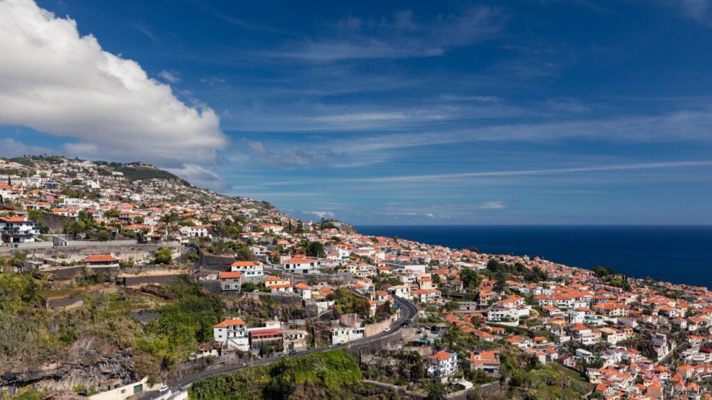 A scenic aerial view of Funchal, Madeira with charming red-roofed houses under a bright blue sky.
