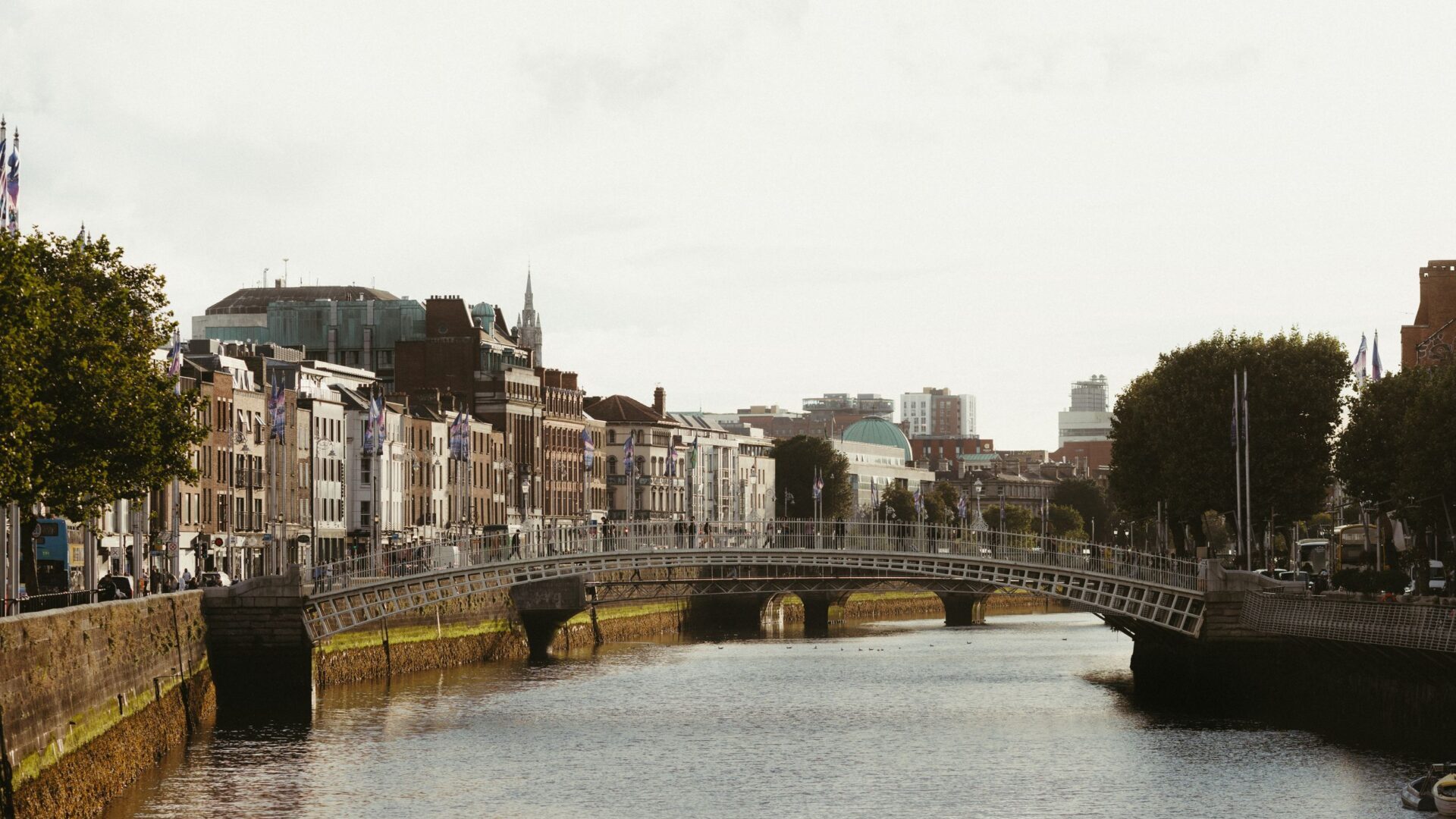 Scenic view of Dublin's Ha'penny Bridge over the River Liffey, showcasing charming city architecture.
